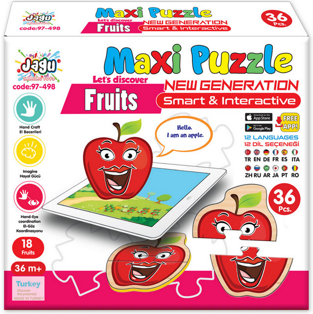 Puzzle-uri cu fructe și vorbe în limba bulgară pentru cei mici, cu dimensiuni 13x8, total 36 de piese, 18 modele a câte 2 piese, cu realitate augmentată 20x17x4, în 16 limbi, din spumă EVA