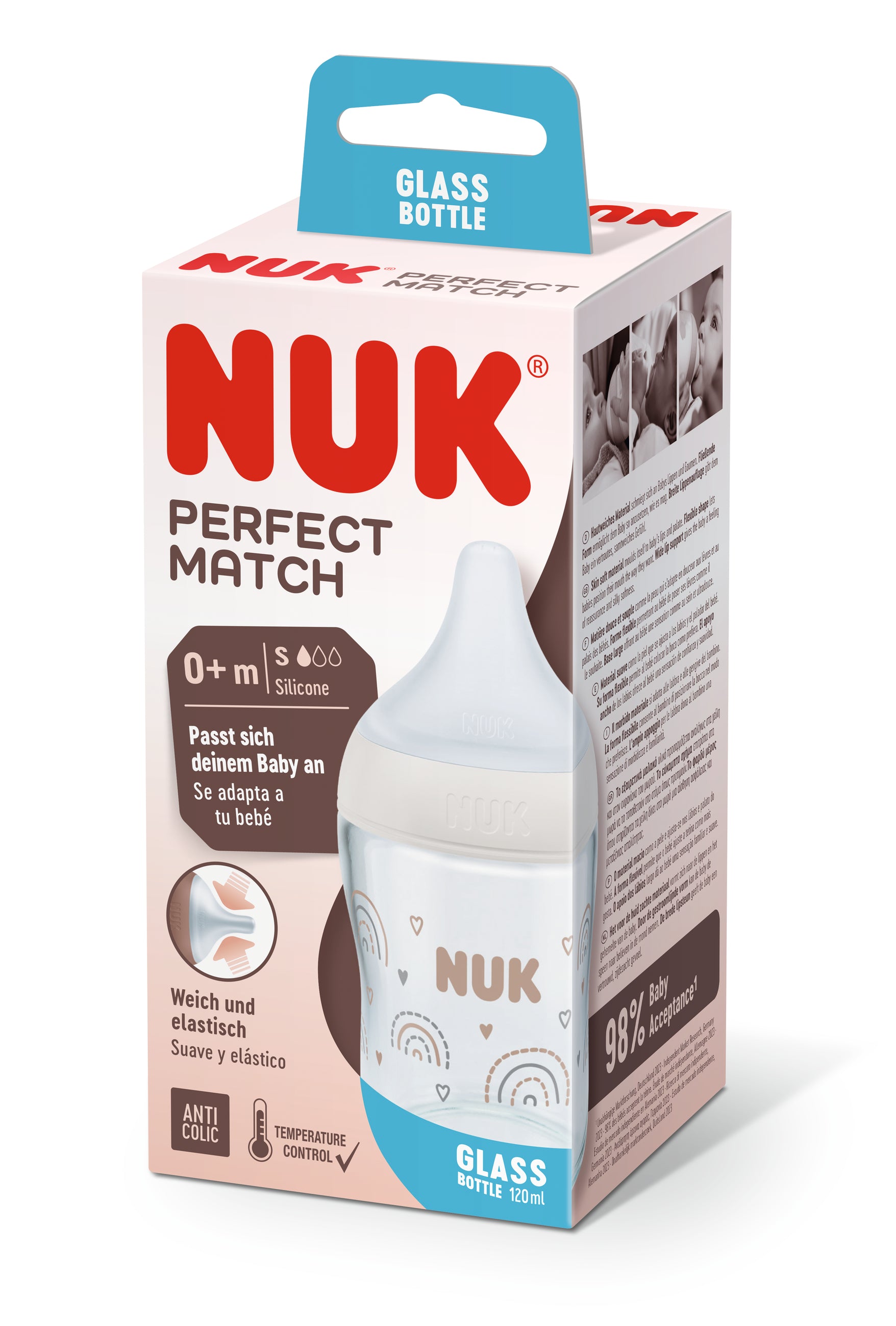 Nuk Perfect Match Стъклено Шише 120Мл. Със Силиконов Биберон За Хранене S, 0+Мес. Дъга
