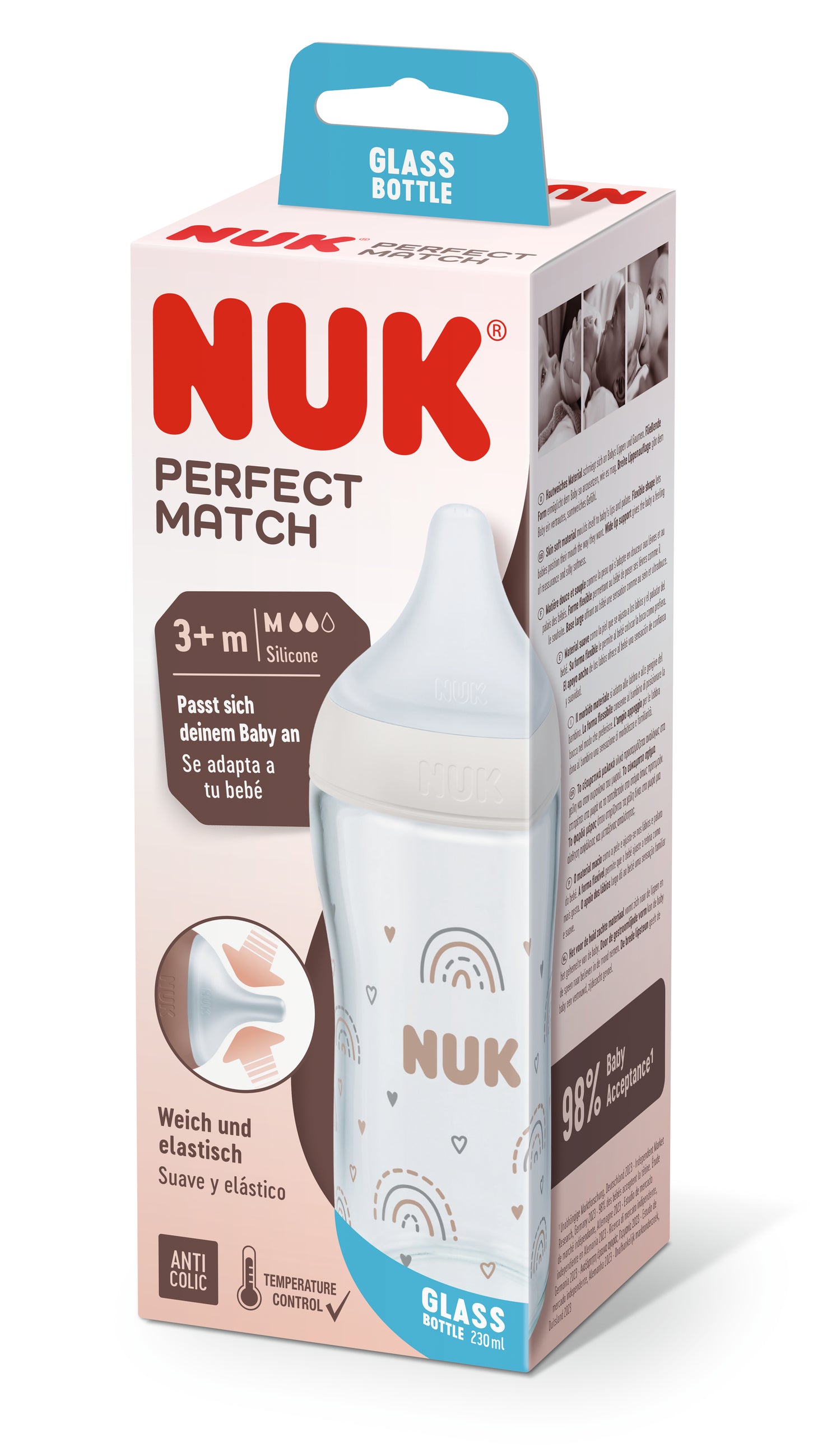 Nuk Perfect Match Стъклено Шише 230Мл. Със Силиконов Биберон За Хранене M, 3+Мес. Дъга