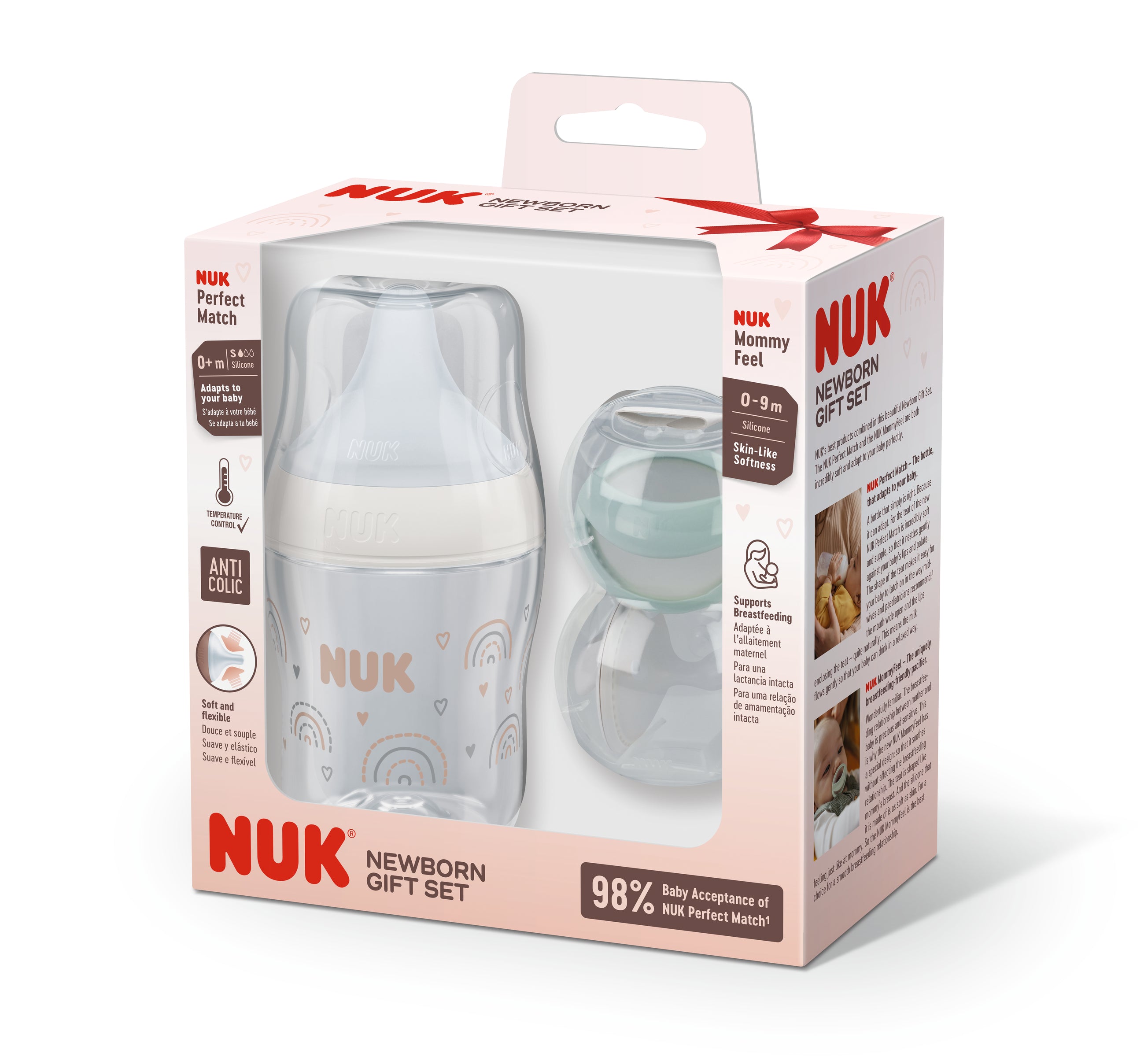 Nuk Perfect Match Подаръчен Сет - Шише 150Мл., Дъга + Залъгалка Mommyfeel 0-9 Мес.