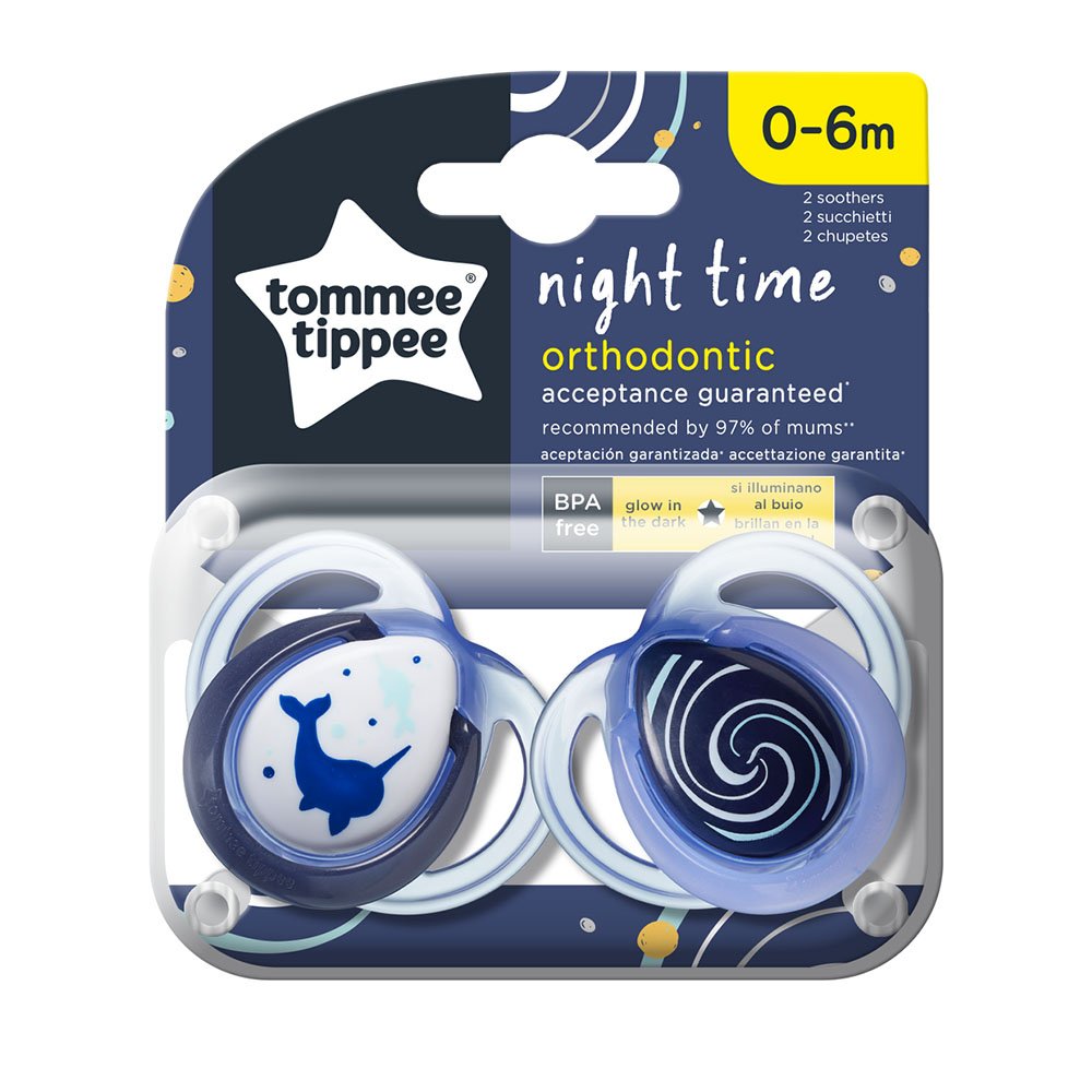 Suzete ortodontice Tommee Tippee Nighttime, pachet de 2 bucăți, 0-6 luni, Narwhal