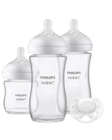 Set Philips Avent pentru bebeluși cu 3 biberoane din sticlă cu răspuns natural, tetine anti-scurgeri și suzetă