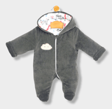 Salopetă de pluș de iarnă cu glugă, model Rainy Baby, gri închis