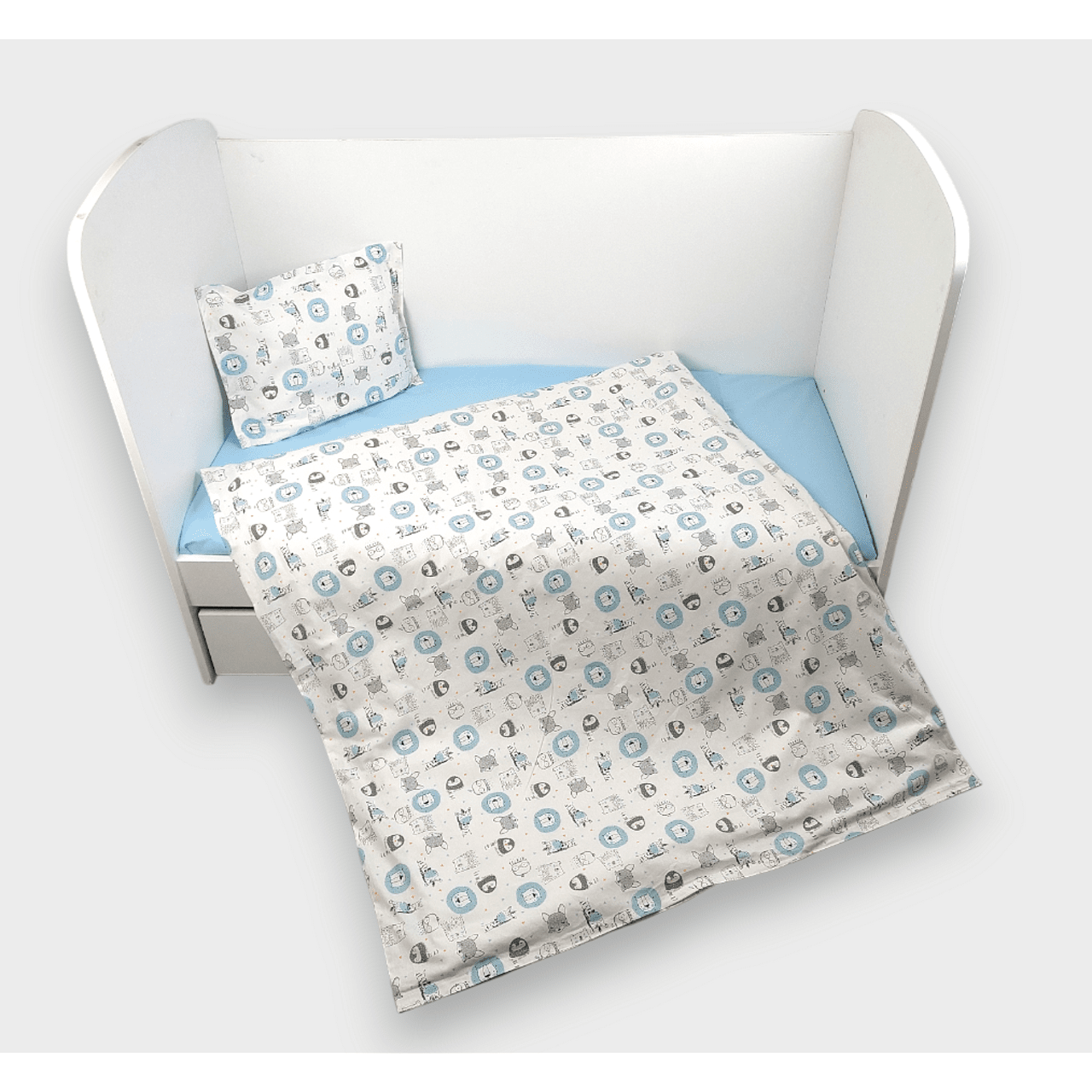 Set de lenjerie de pat pentru bebeluși Rainy, 3 piese, 60x120 cm, cu motive animale, albastru
