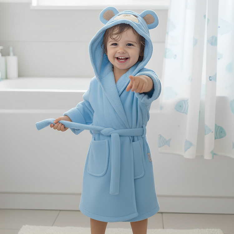 Детски Халат С Ушички 1 4 Г. Мече Син Rainy