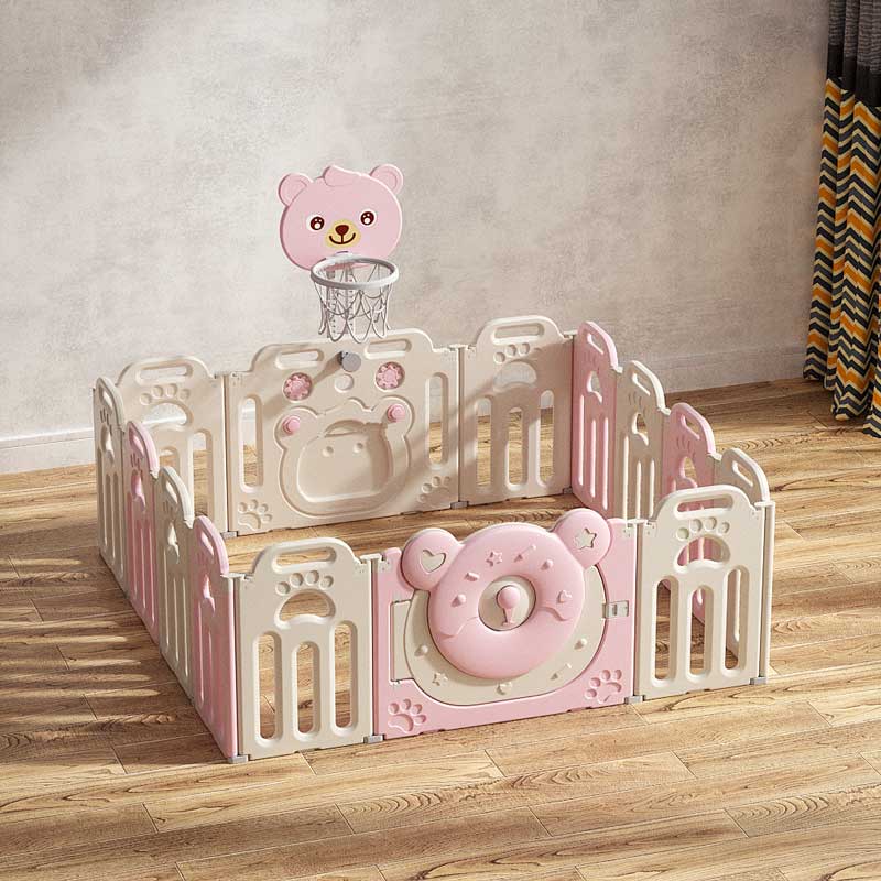 Сгъваема Бебешка Ограда За Игра С Баскетболен Кош, Розово Мече Feelkids