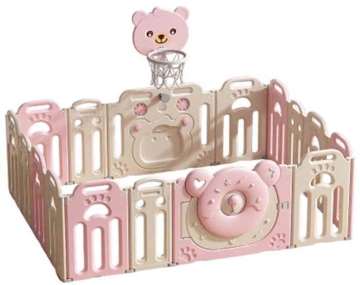 Сгъваема Бебешка Ограда За Игра С Баскетболен Кош, Розово Мече Feelkids