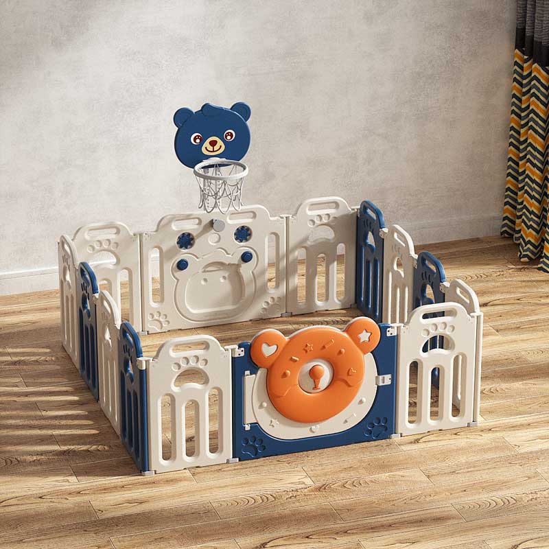 Сгъваема Бебешка Ограда За Игра С Баскетболен Кош, Синьо Мече Feelkids