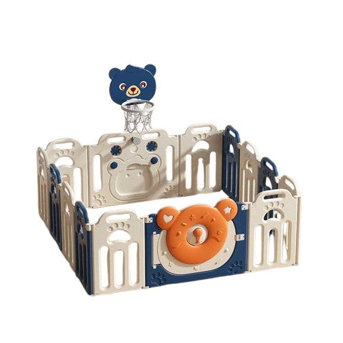 Сгъваема Бебешка Ограда За Игра С Баскетболен Кош, Синьо Мече Feelkids
