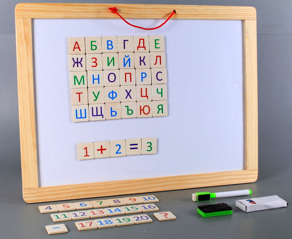 Tablă educațională din lemn cu litere și cifre magnetice bulgărești, cretă și burete Fullmaster, mare, 33x45x2