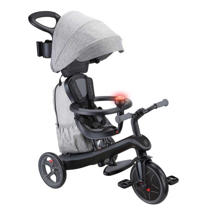 Tricicletă Globber Explorer Trike Deluxe Play 4 în 1 cu copertină, neagră.