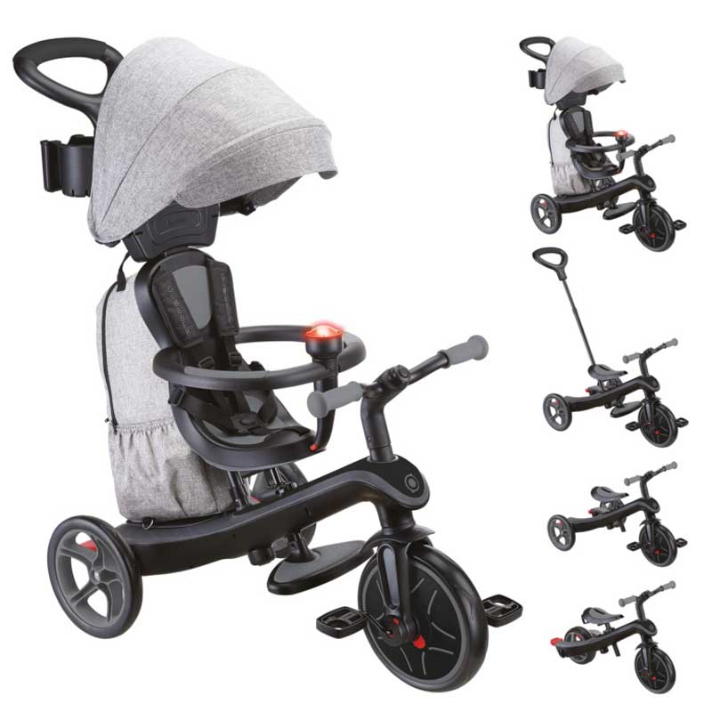 Tricicletă Globber Explorer Trike Deluxe Play 4 în 1 cu copertină, neagră.