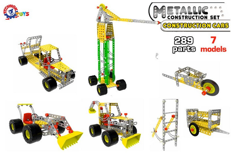 Метален Конструктор 27Х23Х9 Пластмасова Кутия С Болтове Гайки Инструменти И Гуми За Направа На Строителни Машини 7 Модела 289 Елемента --- BebeMama